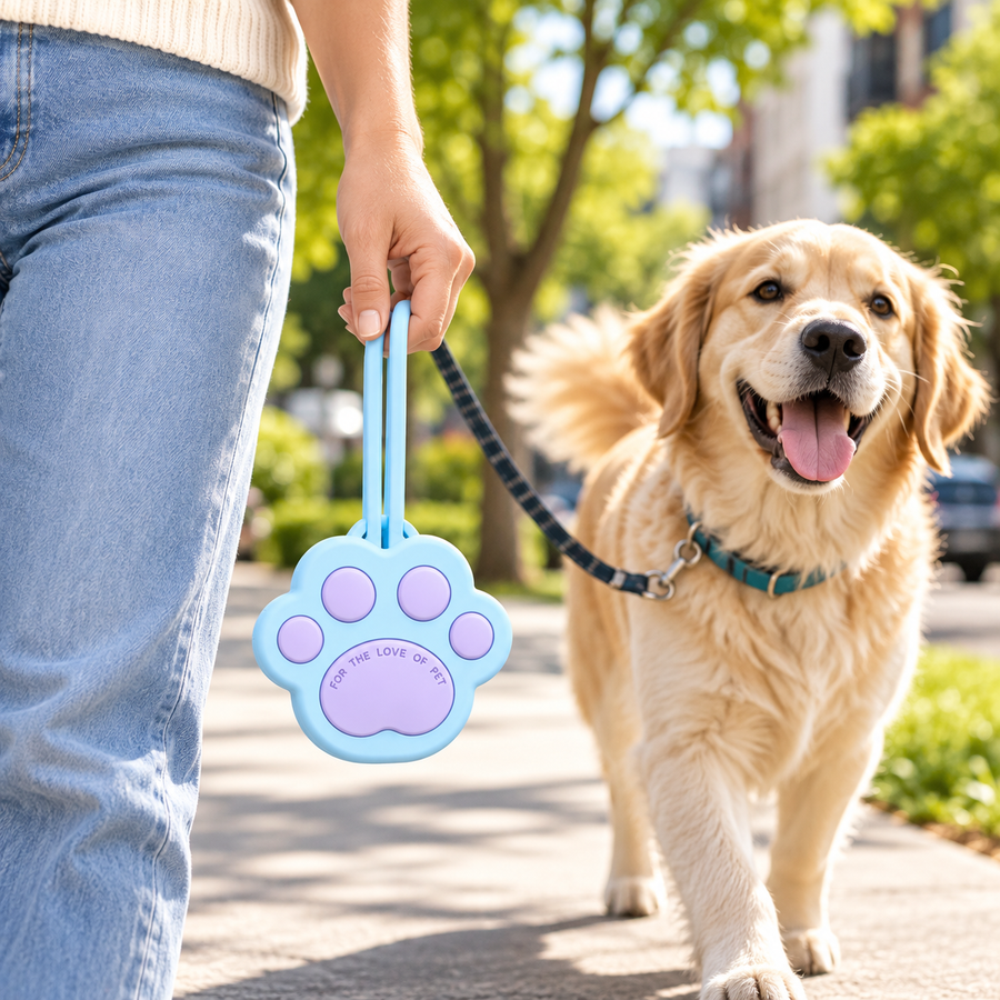 Paw-shaped silicone pet treat pouch carried during a dog walk