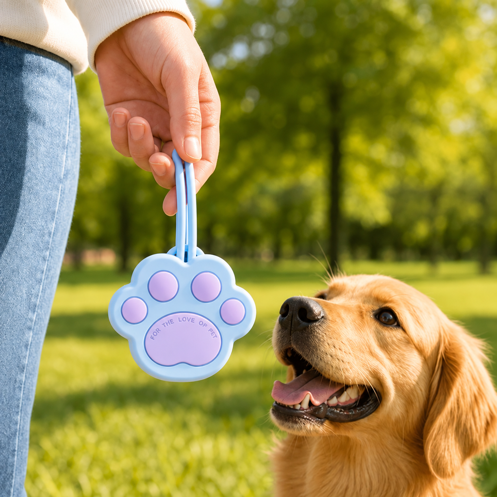 Paw-shaped silicone pet treat pouch held ready for dog treats