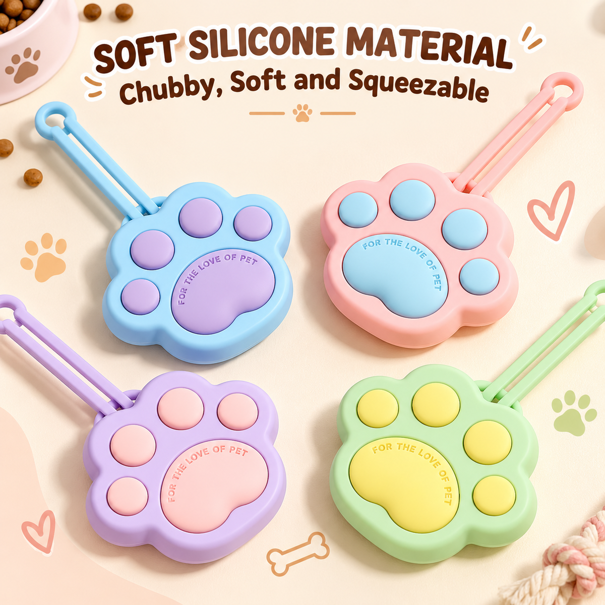 Close view of the material on the paw-shaped silicone pet treat pouch