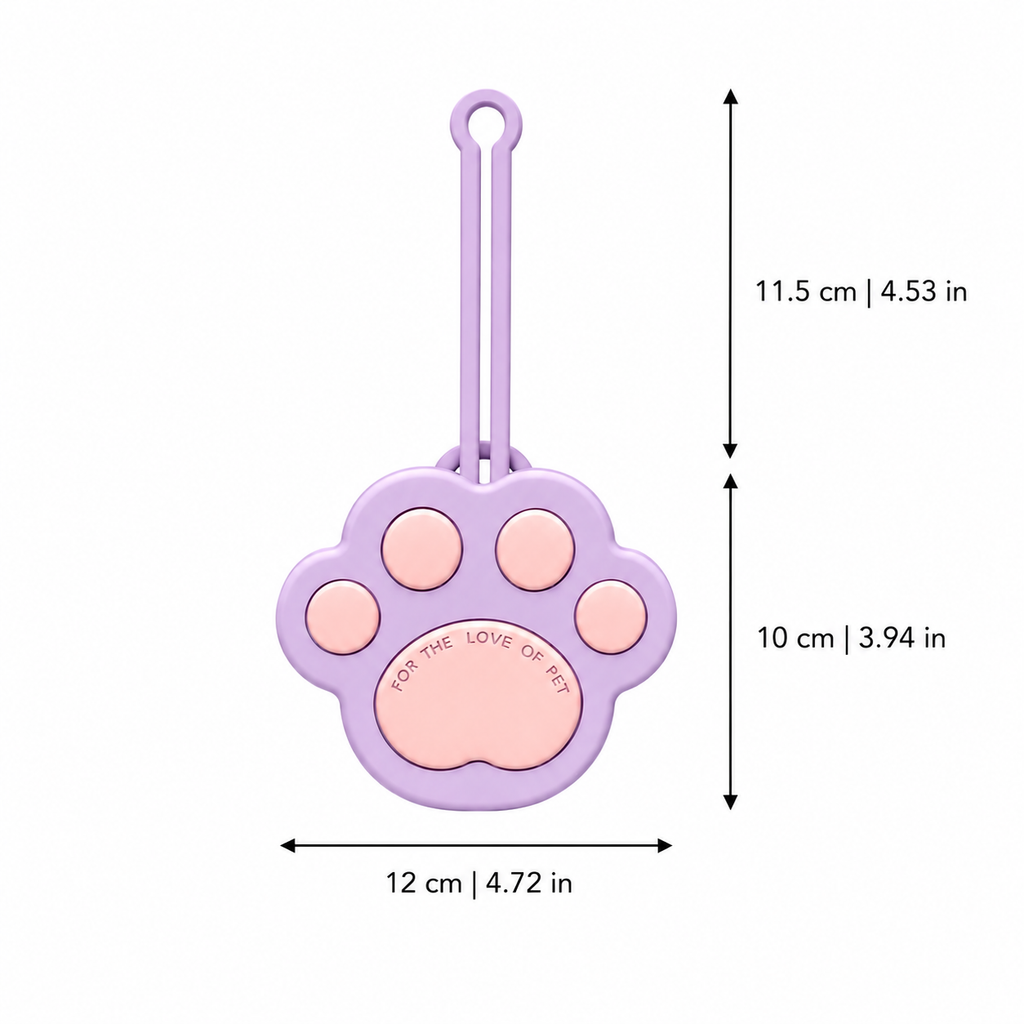 Purple size guide for paw-shaped silicone pet treat pouch