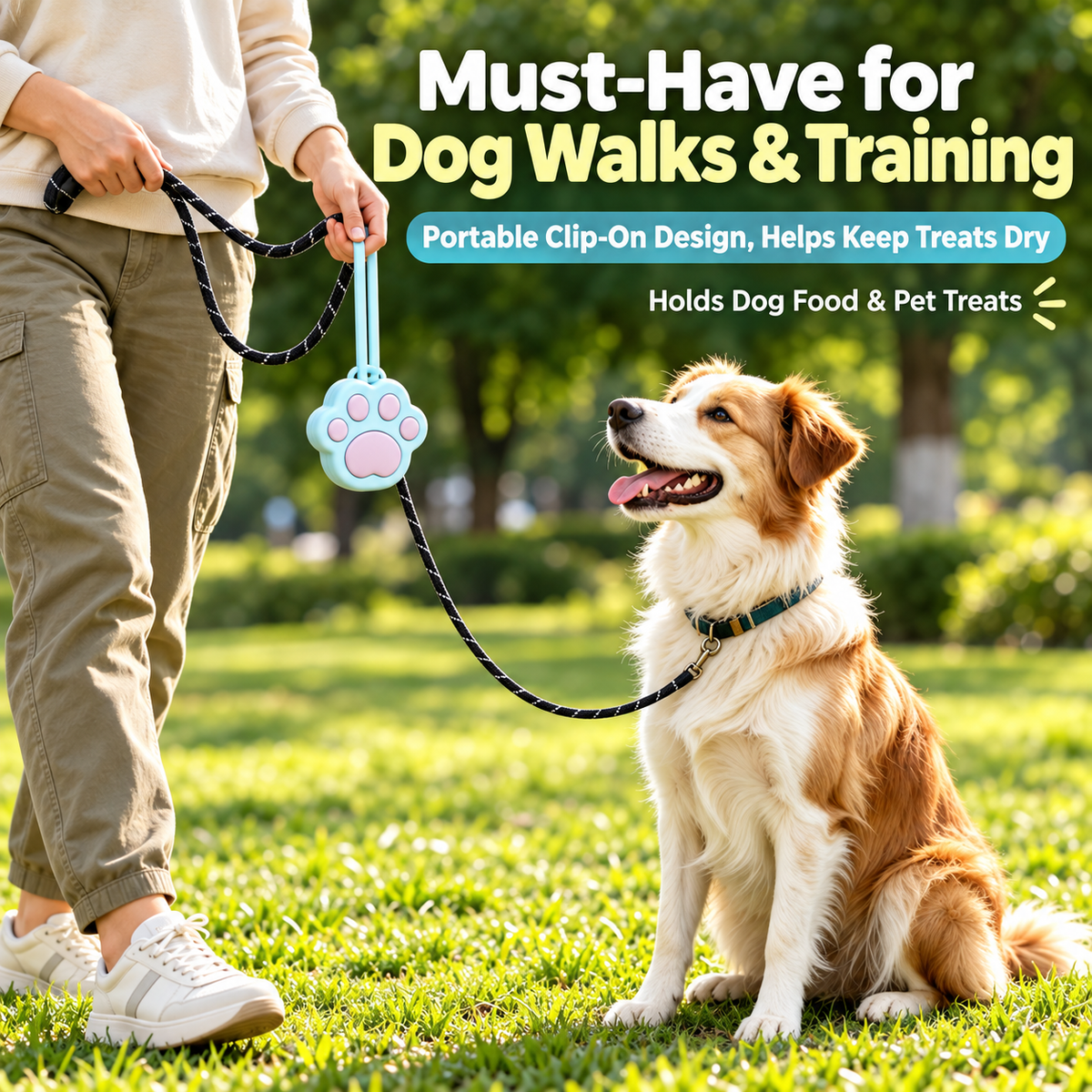 Paw-shaped silicone pet treat pouch used during outdoor dog training