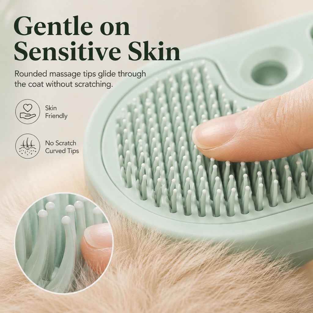 Pet spray grooming brush closeup of rounded grooming pins beneath a fingertip.
