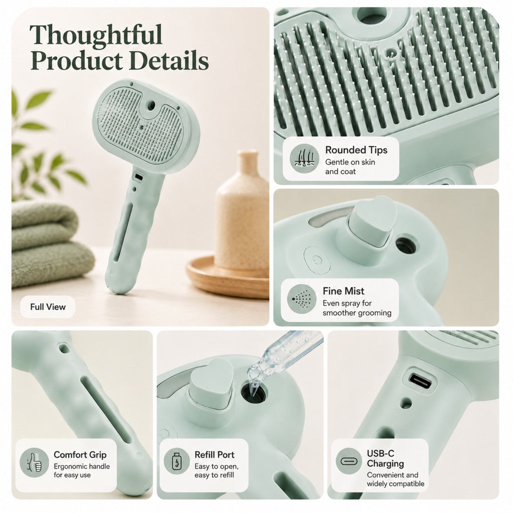 Pet spray grooming brush detail collage showing pins, mist outlet, grip, refill port and charging port.
