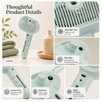 Pet spray grooming brush detail collage showing pins, mist outlet, grip, refill port and charging port.