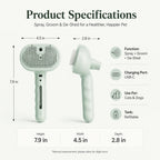 Pet spray grooming brush dimension chart with front and side views of the mint brush.