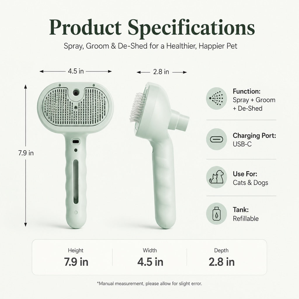 Pet spray grooming brush dimension chart with front and side views of the mint brush.