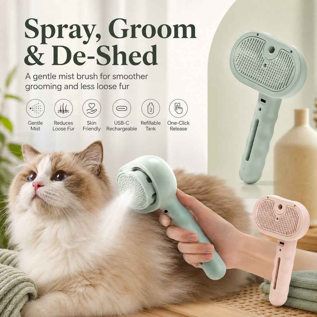 Pet spray grooming brush feature overview with a cat and mint and pink brushes.