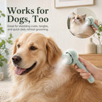 Pet spray grooming brush in mint used to brush a golden dog's coat.