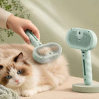 Pet spray grooming brush in mint brushing a long haired cat with collected fur visible.