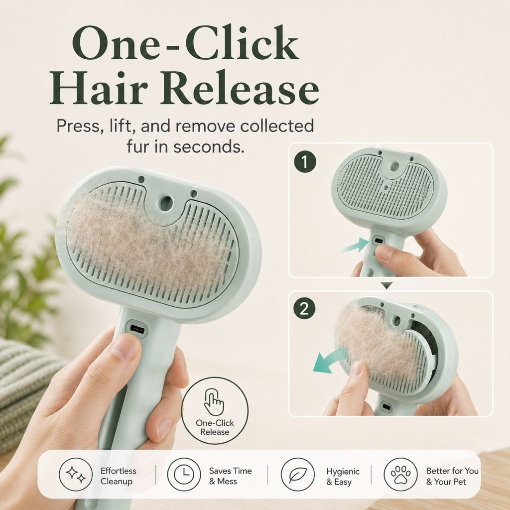 Pet spray grooming brush in mint demonstrating button operated release of collected fur.