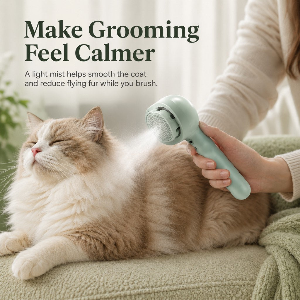 Pet spray grooming brush in mint grooming a reclining cat on a blanket.