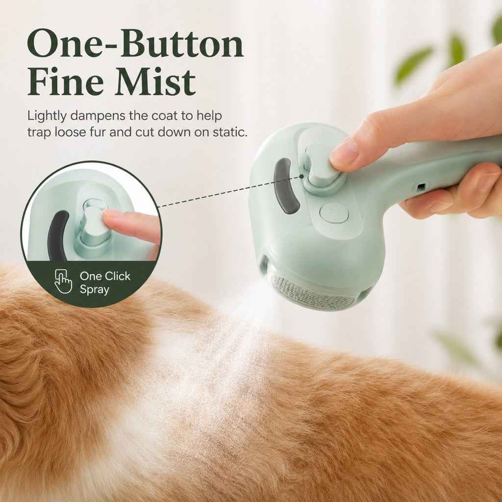 Pet spray grooming brush in mint releasing mist over a cat's coat.