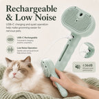 Pet spray grooming brush in mint showing USB charging and a cat grooming example.