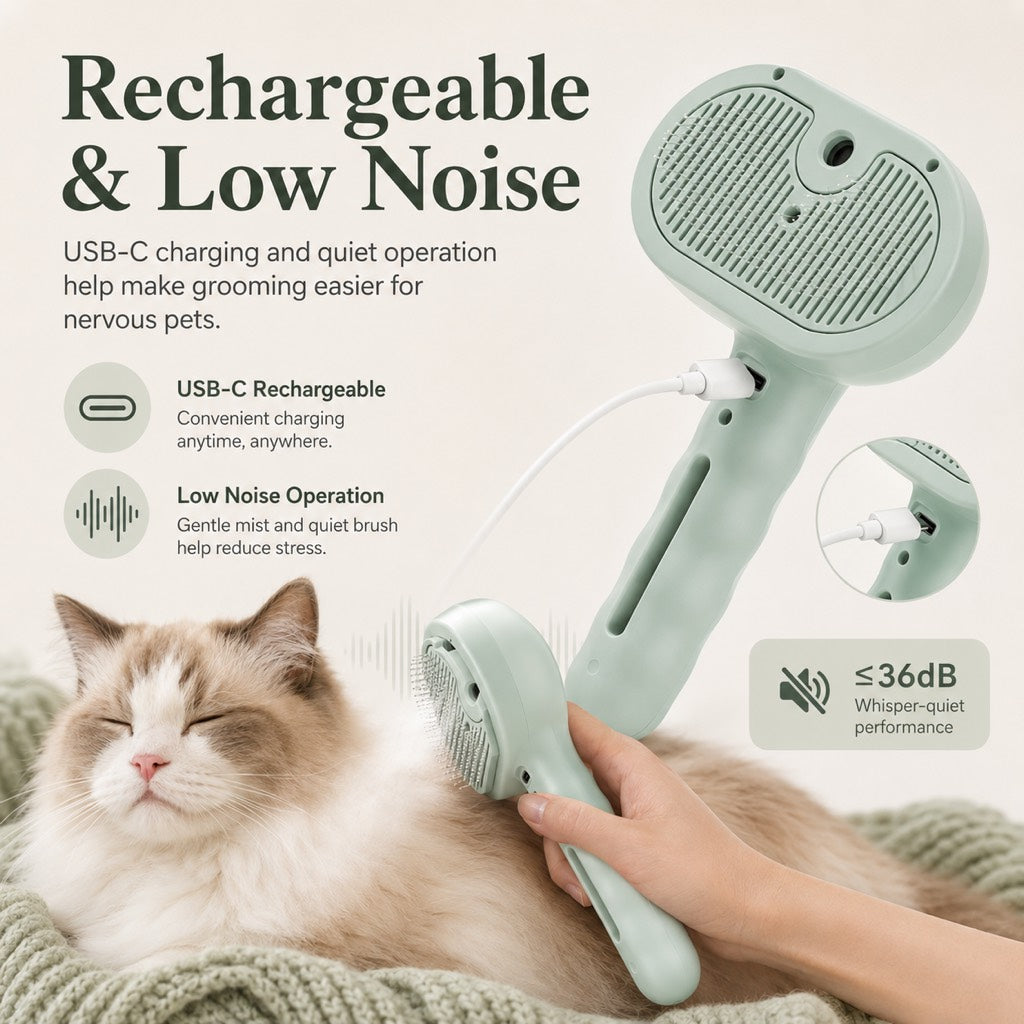 Pet spray grooming brush in mint showing USB charging and a cat grooming example.