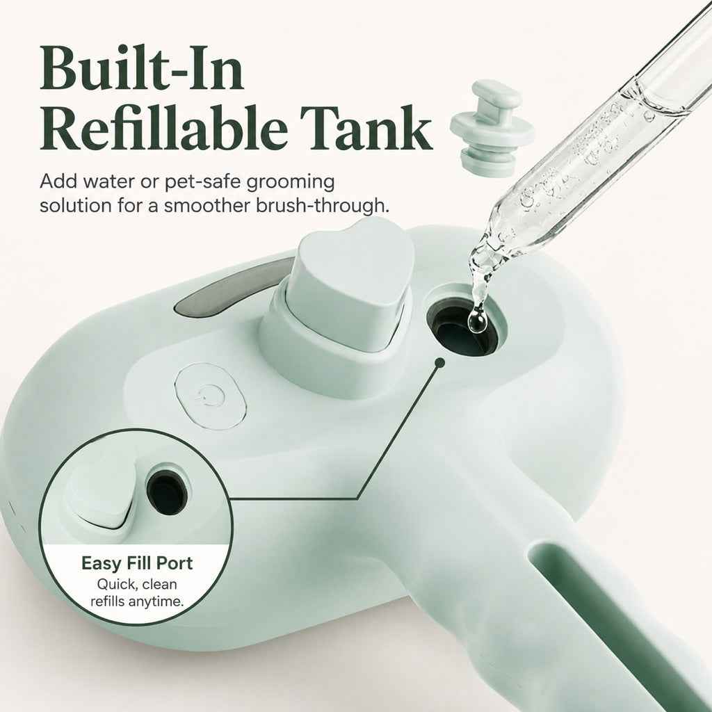 Pet spray grooming brush in mint with water being added through the refill port.