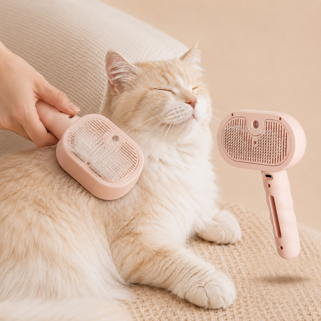 Pet spray grooming brush in pink grooming a resting orange cat.