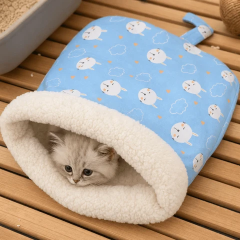 Plush cat cave bed with a cat resting inside the hideaway