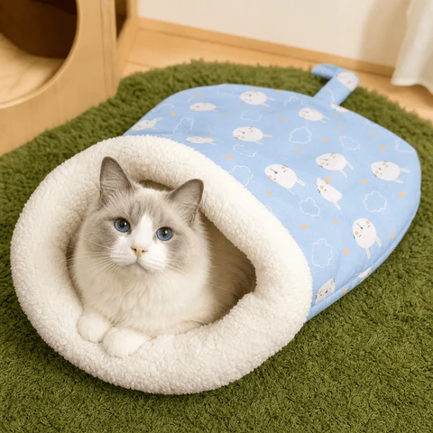 Plush cat cave bed with a cat curled up for a nap