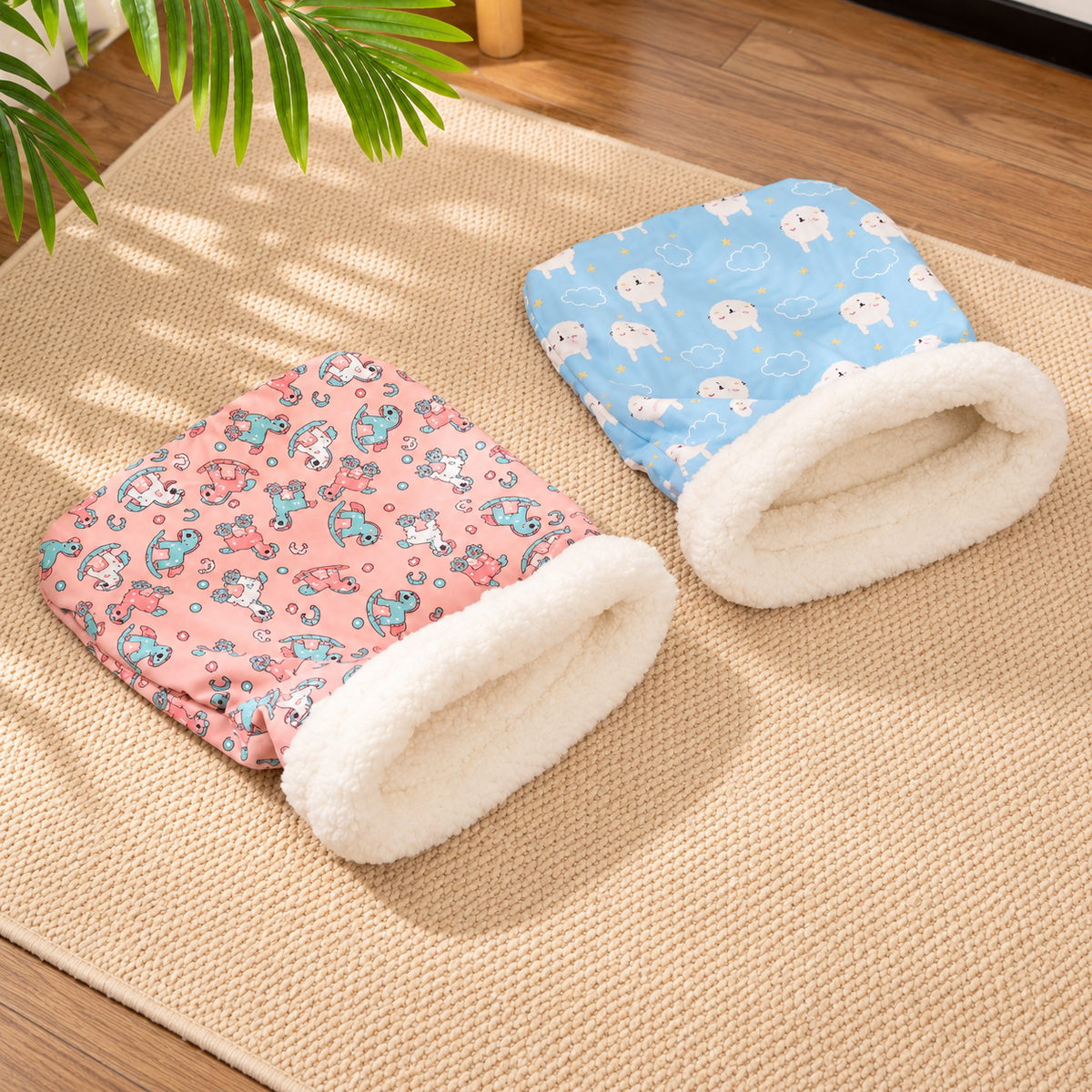 Plush cat cave bed shown in available colors