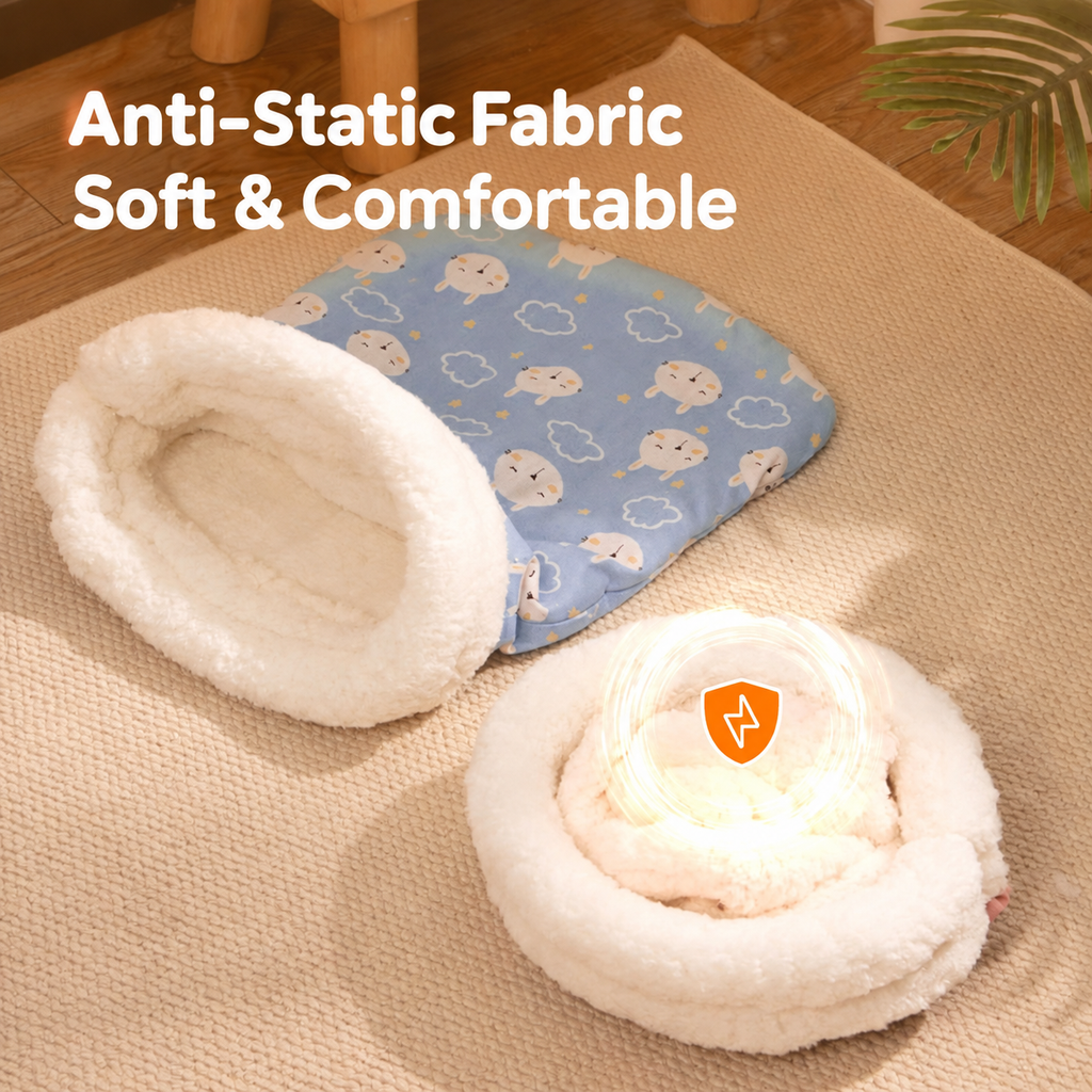 Fabric features highlighted on the plush cat cave bed