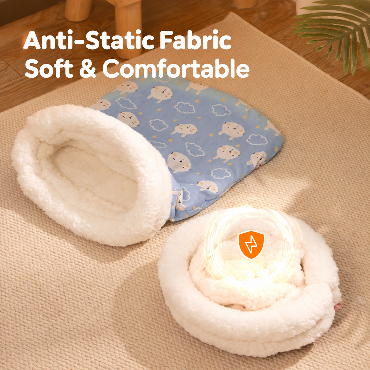 Fabric features highlighted on the plush cat cave bed