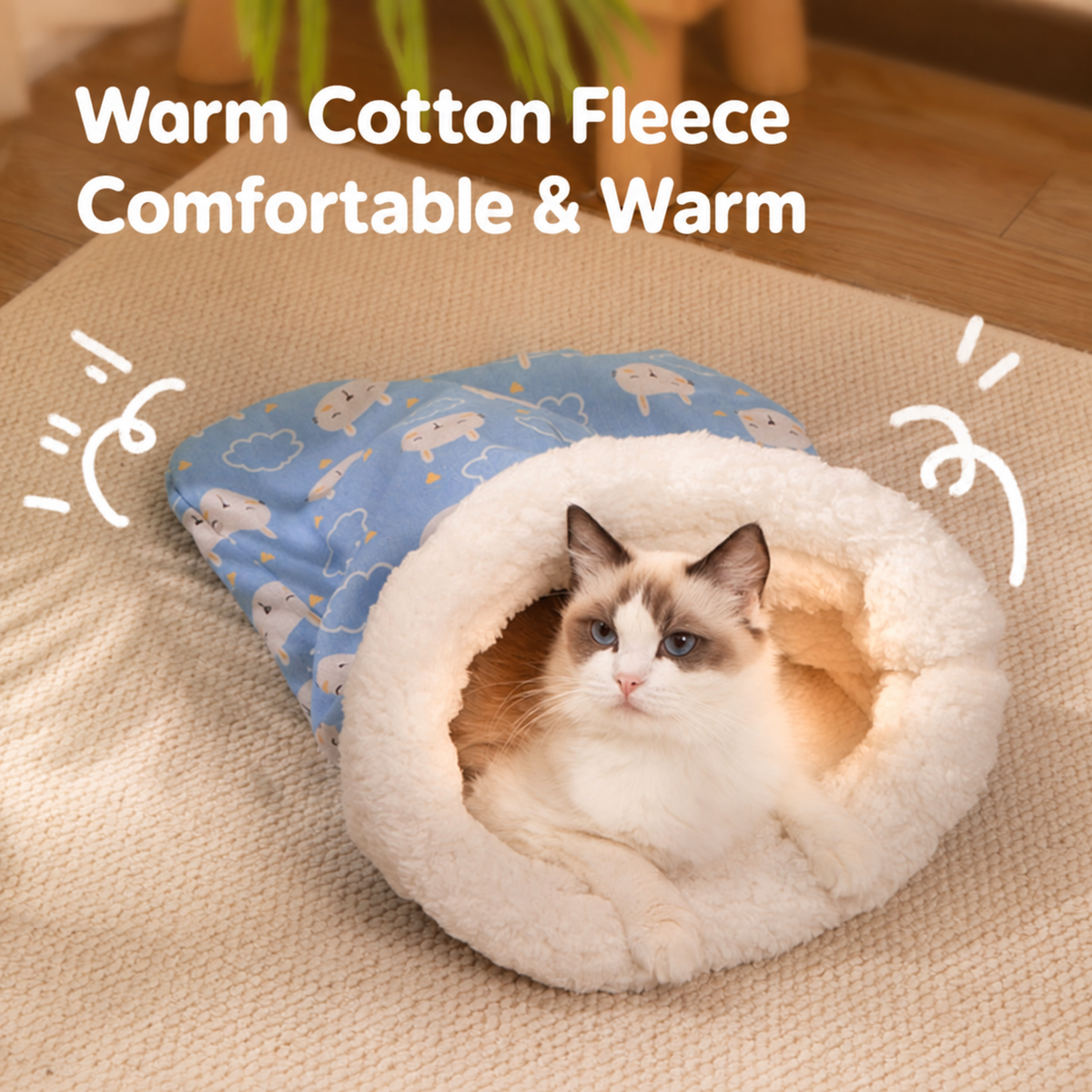 Cat resting inside the lined plush cat cave bed
