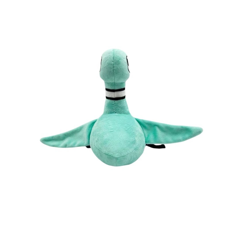 Back view of blue plush duck dog toy