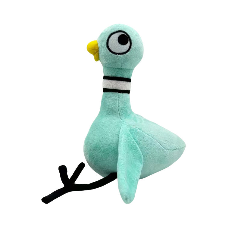 Side view of blue plush duck dog toy
