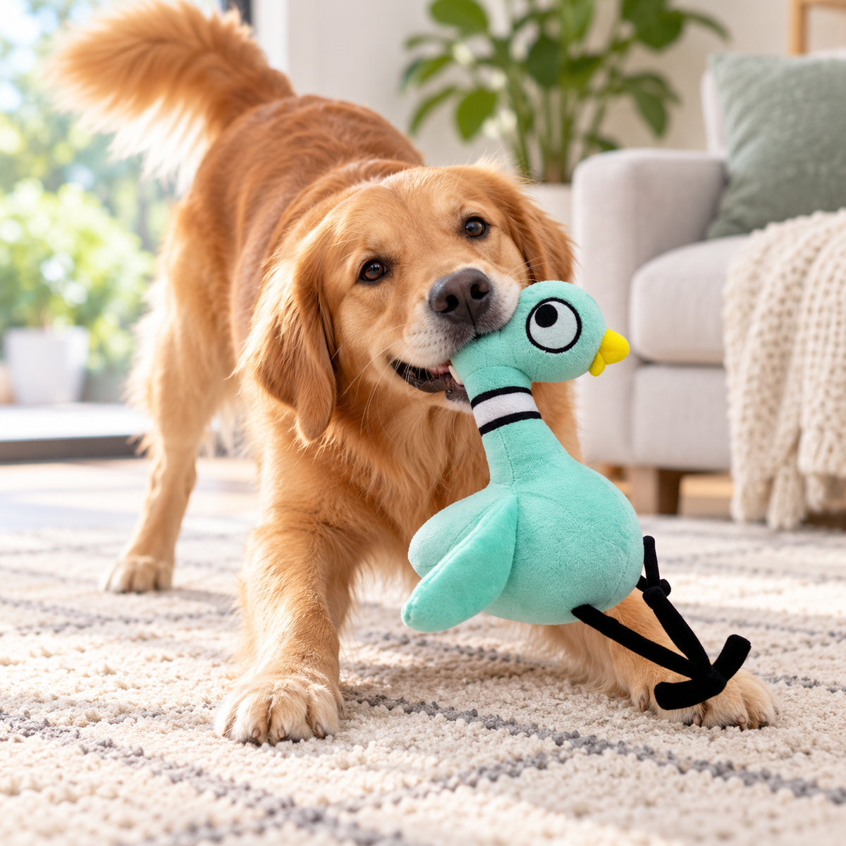 Plush duck dog toy with a dog during indoor play