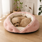 Plush wraparound pet bed with a cat curled up for a nap