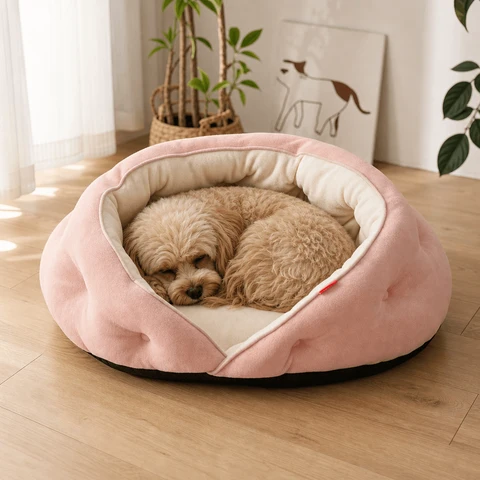 Plush wraparound pet bed with a cat curled up for a nap