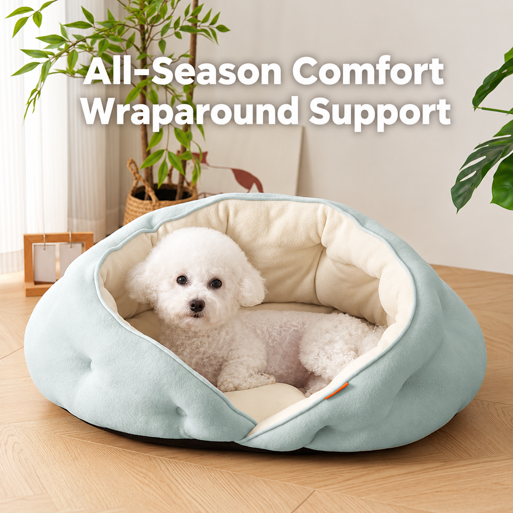 Plush wraparound pet bed with a small dog resting in the blue bed