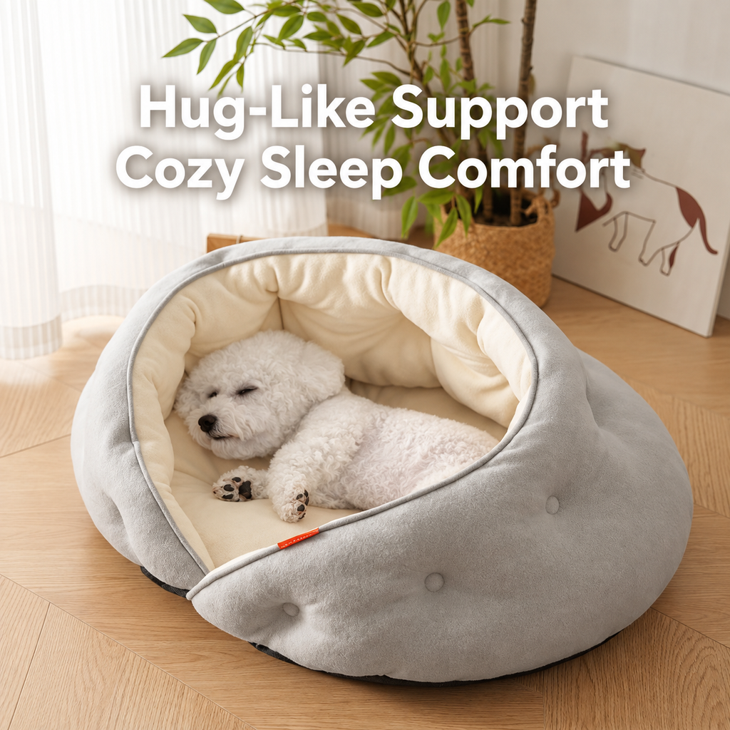 Plush wraparound pet bed with a small dog resting in the gray bed