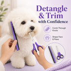 Purple pet grooming kit with comb and scissors used to groom a small white dog.