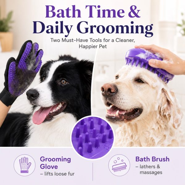 Purple pet grooming kit showing a grooming glove and bath brush in use on dogs.