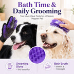 Purple pet grooming kit showing a grooming glove and bath brush in use on dogs.