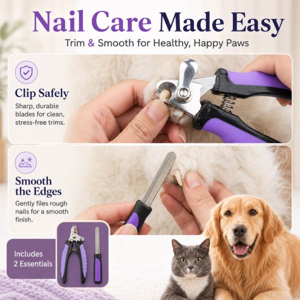 Purple pet grooming kit demonstrating nail clipping and filing on a dog's paw.