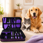 Purple pet grooming kit in an open carry case beside a dog and cat.