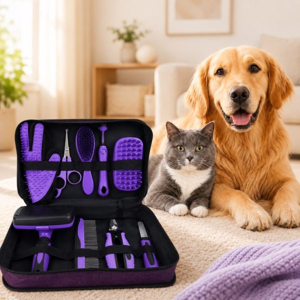 Purple pet grooming kit in an open carry case beside a dog and cat.