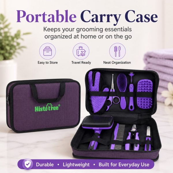 Purple pet grooming kit with open and closed carry cases showing organized tools.