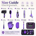 Purple pet grooming kit size guide displaying individual grooming tool measurements.
