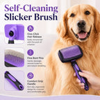 Purple pet grooming kit with a slicker brush used on a golden dog's coat.