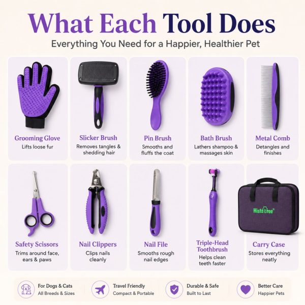 Purple pet grooming kit tool guide showing brushes, comb, scissors and nail care accessories.