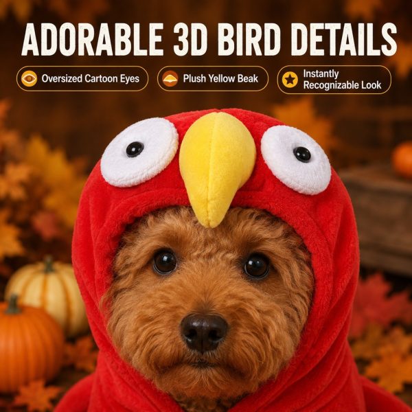 Red turkey costume for dogs and cats closeup of the bird hood with eyes and yellow beak.