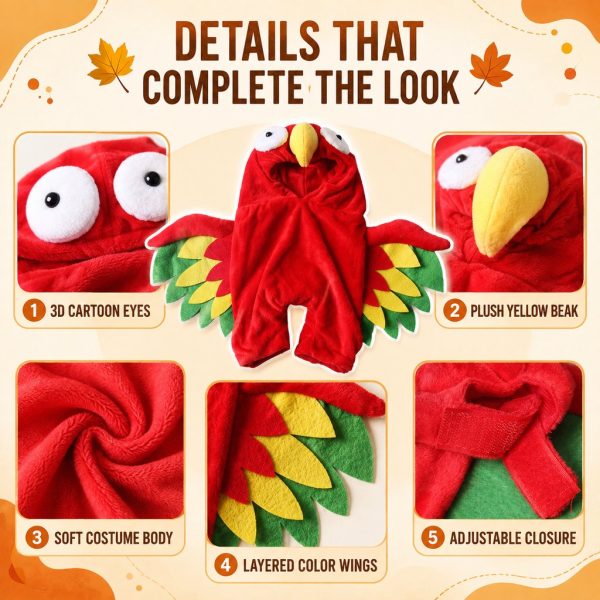Red turkey costume for dogs and cats detail collage showing eyes, beak, fabric, wings and closure.