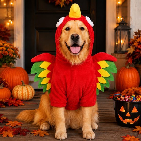 Red turkey costume for dogs and cats worn by a golden dog beside pumpkins and lanterns.
