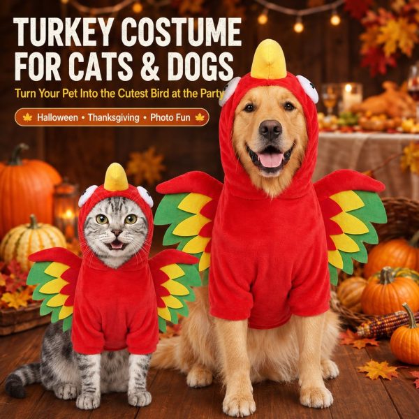 Red turkey costume for dogs and cats modeled by a cat and a dog with autumn decorations.