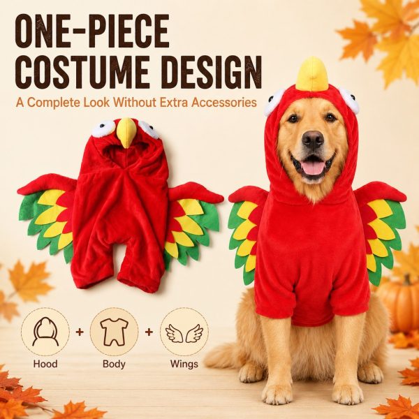 Red turkey costume for dogs and cats showing the one piece outfit beside a dog wearing it.