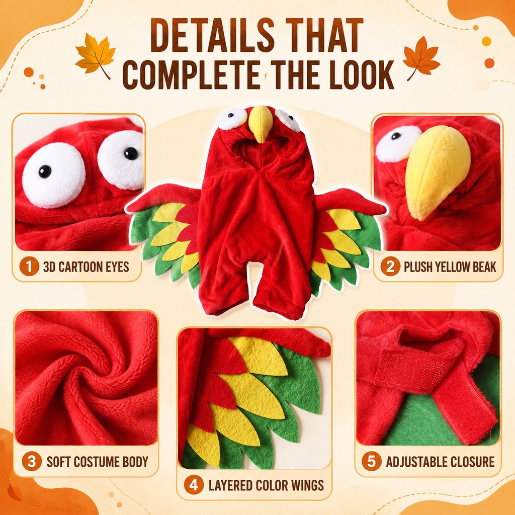 Red turkey costume for dogs and cats overview of bird hood details and layered fabric wings.