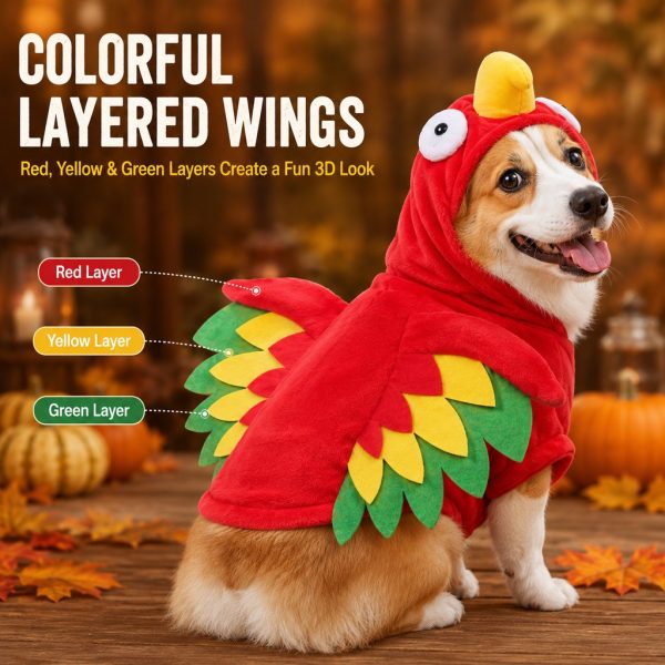 Red turkey costume for dogs and cats side view showing layered red, yellow and green wings.